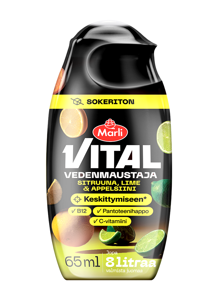 Marli Vital Vedenmaustaja Sitruuna, lime & appelsiini 65&nbsp;ml +&nbsp;C- ja B12-vitamiinit &&nbsp;pantoteenihappo